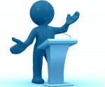 3d human give a lecture behind a podium
